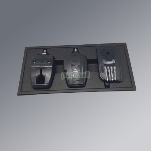 Customised in black moulded pulp trays for fishing sensor set packaging